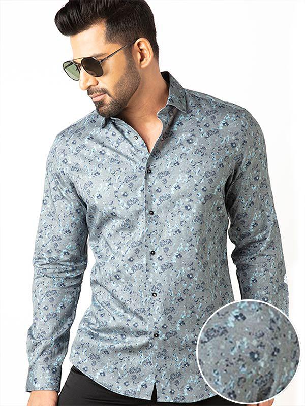 Tyrion Turquoise Printed Full Sleeve Single Cuff Slim Fit Party Wear Cotton Shirt