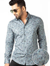 Tyrion Turquoise Printed Full Sleeve Single Cuff Slim Fit Party Wear Cotton Shirt