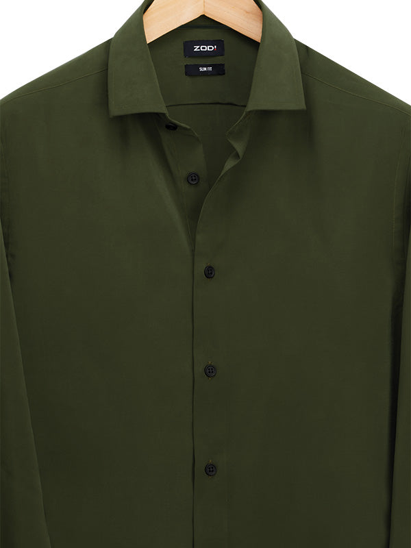 Verstappen Olive Solid Velvet Touch Full Sleeve Single Cuff Slim Fit Party Wear Blended Shirt