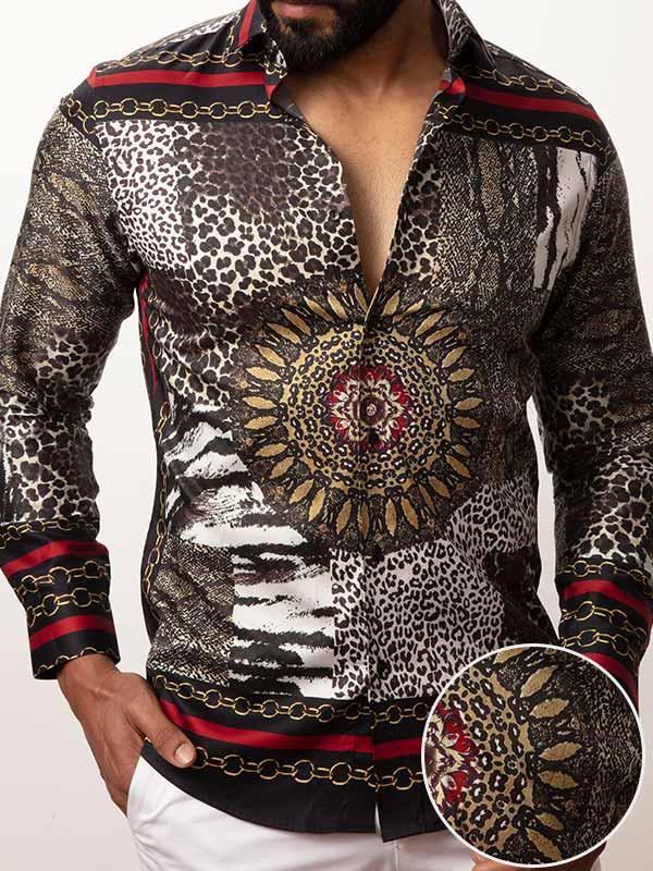 Vincenzo Brown Printed Full Sleeve Single Cuff Slim Fit Party Wear Blended Shirt