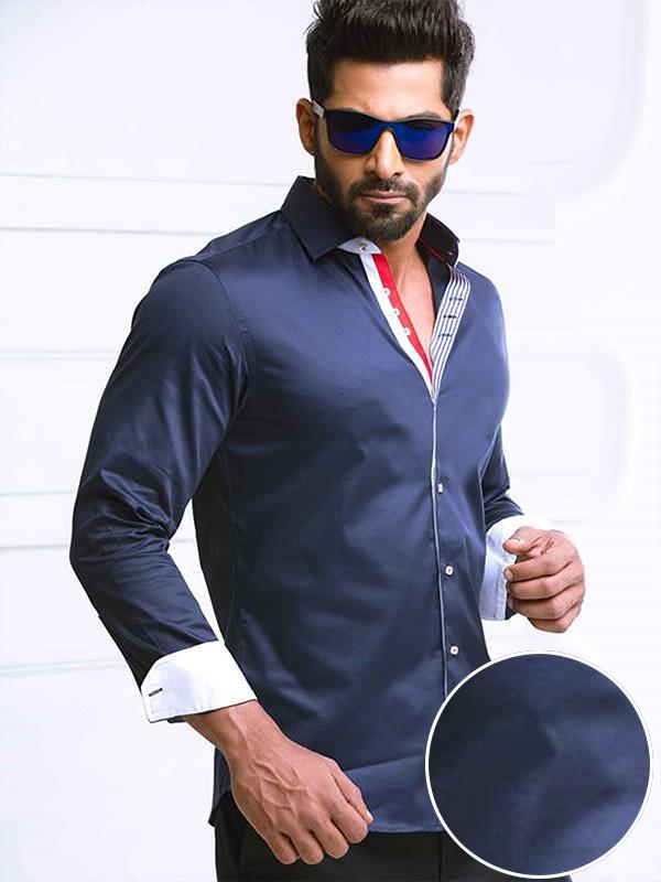 Wake Navy Solid Full Sleeve Single Cuff Slim Fit Party Wear Blended Shirt