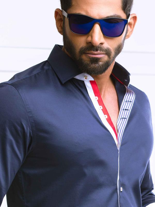 Wake Navy Solid Full Sleeve Single Cuff Slim Fit Party Wear Blended Shirt