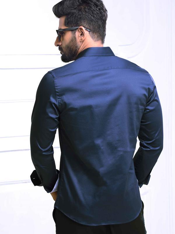 Wake Navy Solid Full Sleeve Single Cuff Slim Fit Party Wear Blended Shirt