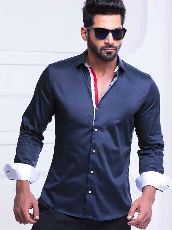 Wake Navy Solid Full Sleeve Single Cuff Slim Fit Party Wear Blended Shirt