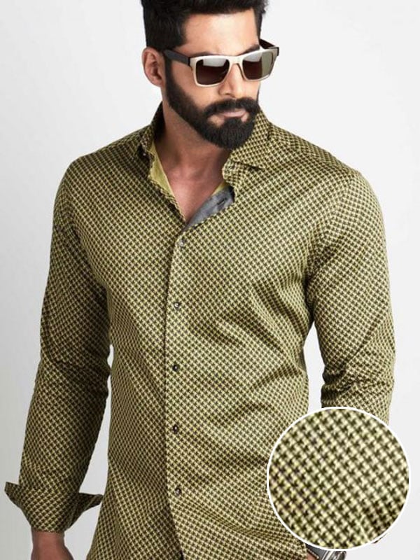 Walker Ochre Printed Full Sleeve Single Cuff Slim Fit Party Wear Blended Shirt