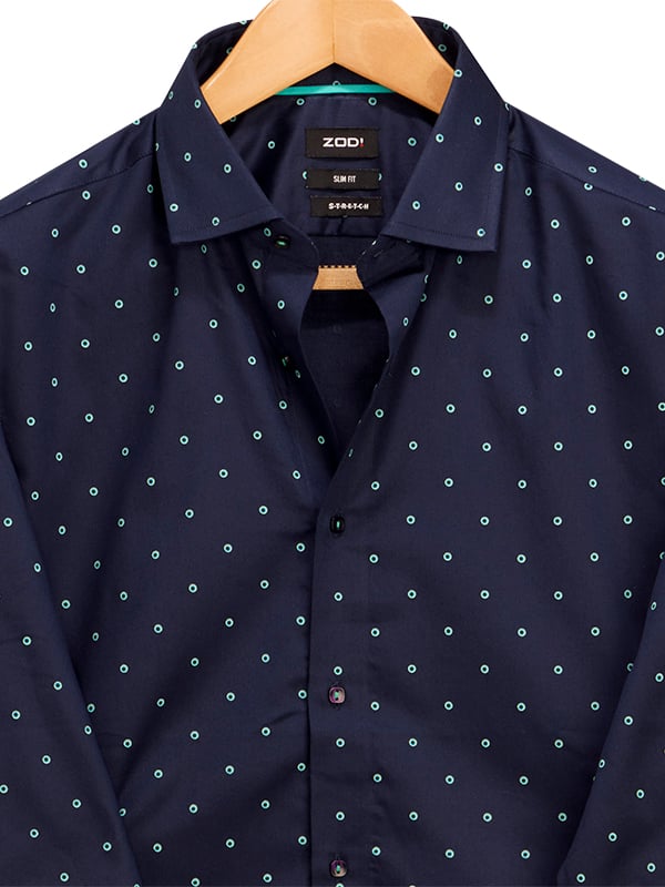 Wanna Navy Printed Full Sleeve Single Cuff Slim Fit Party Wear Blended Shirt