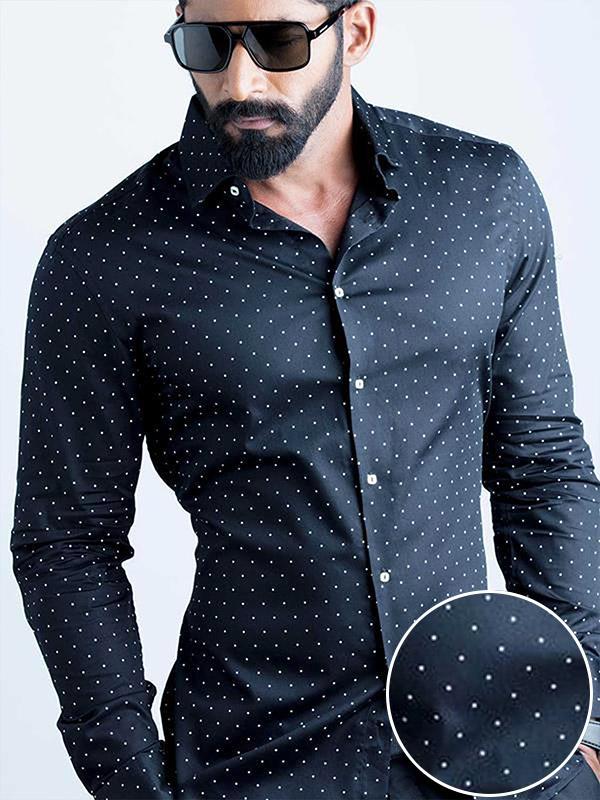Wolfpk Black Printed Full Sleeve Single Cuff Slim Fit Party Wear  Blended Shirt