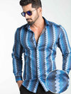 Yves Blue Printed Full Sleeve Single Cuff Slim Fit Party Wear Blended Shirt