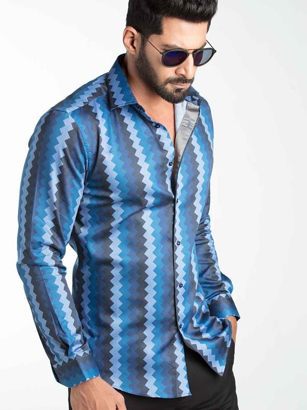 Yves Blue Printed Full Sleeve Single Cuff Slim Fit Party Wear Blended Shirt