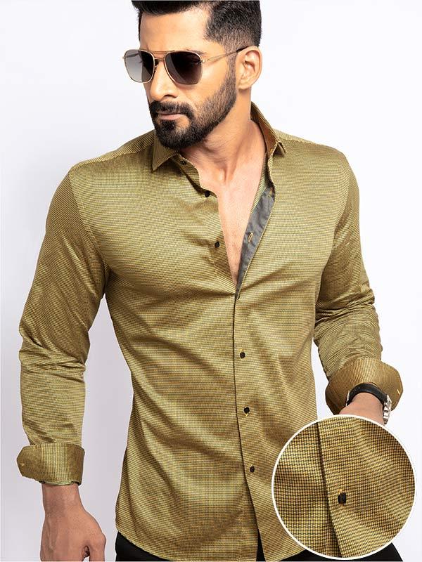 Zayn Ochre Printed Full Sleeve Single Cuff Slim Fit Party Wear Blended Shirt