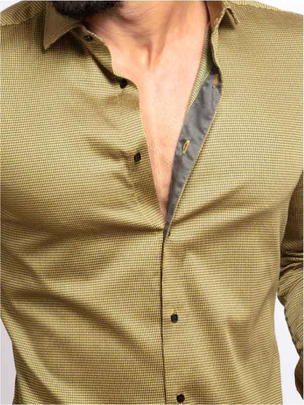 Zayn Ochre Printed Full Sleeve Single Cuff Slim Fit Party Wear Blended Shirt