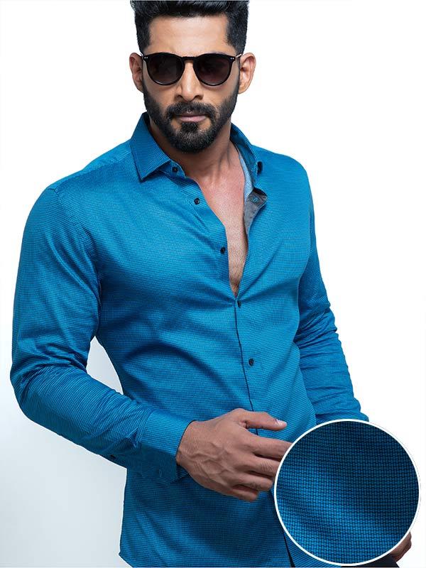 Zayn Teal Printed Full Sleeve Single Cuff Slim Fit Party Wear Blended Shirt