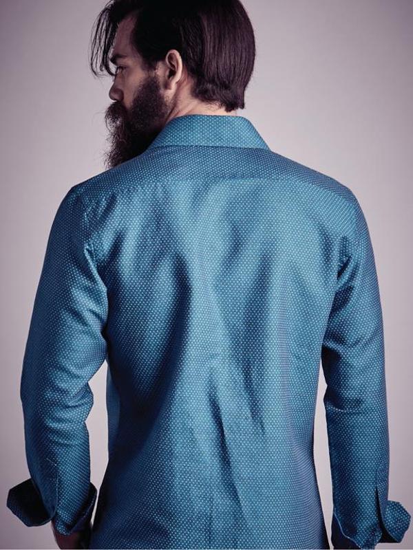 Sutra Teal Printed Full Sleeve Single Cuff Slim Fit Party Wear Blended Shirt