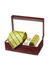 Bartoli Check Medium Gold Silk Tie With Steel Cufflink And Matching Pocket Square