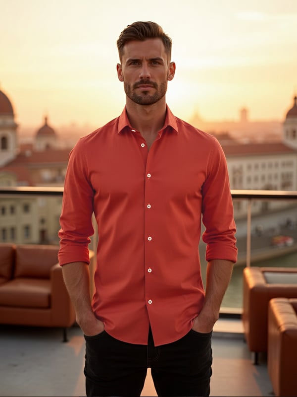 Verstappen Rust Solid â€œVelvet Touchâ€ Full Sleeve Single Cuff Slim Fit Party Wear Blended Shirt