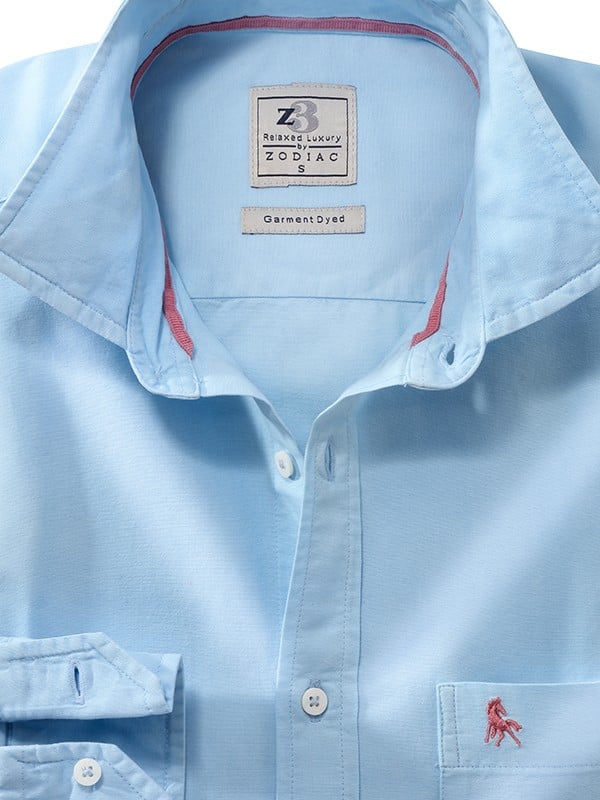 Murren Oxford Garment Dyed Sky Solid Full Sleeve Tailored Fit Casual Cotton Shirt