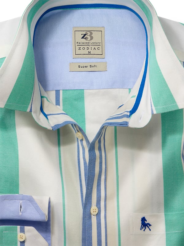 Dellingham Oxford Sea Green Striped Full Sleeve Tailored Fit Casual Cotton Shirt