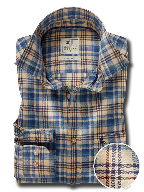 Manuel Herringbone Beige Check Full Sleeve Tailored Fit Casual Cotton Shirt