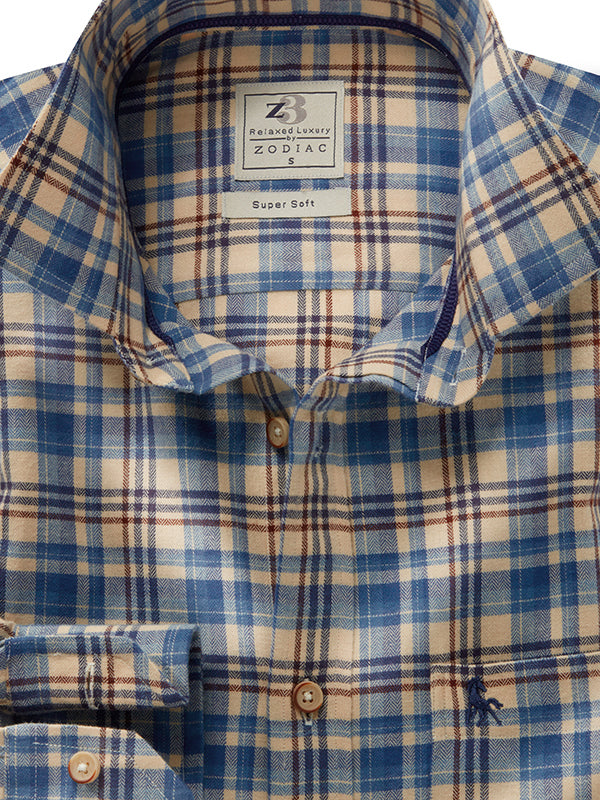 Manuel Herringbone Beige Check Full Sleeve Tailored Fit Casual Cotton Shirt