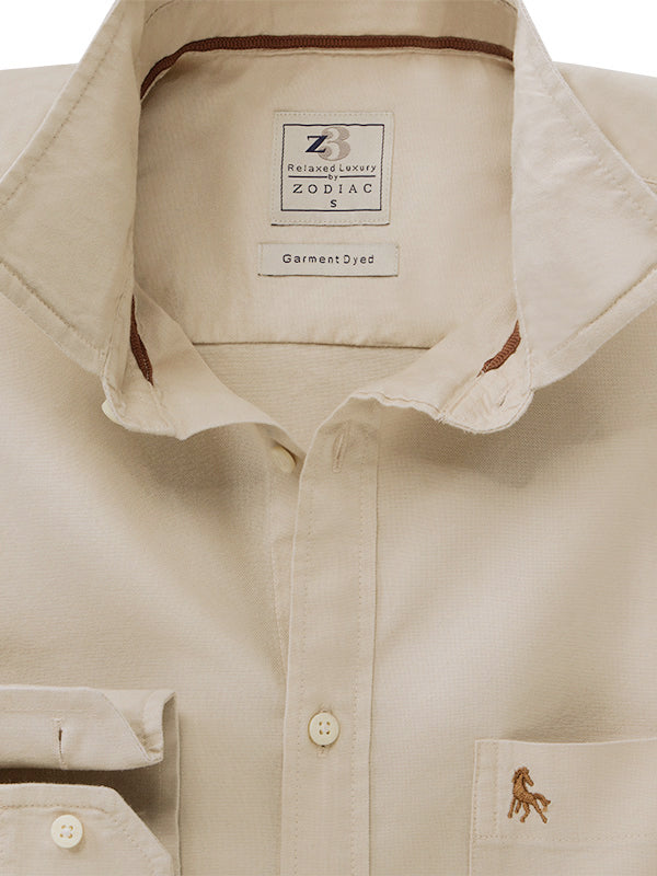 Formentera Oxford Beige Solid Full Sleeve Tailored Fit Casual Cotton Shirt