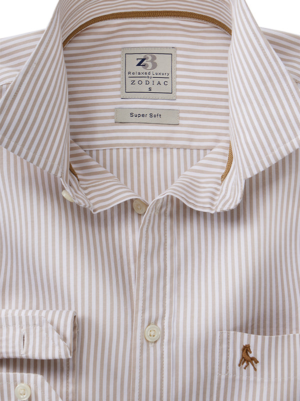 Silba Oxford Beige Striped Full Sleeve Tailored Fit Casual Cotton Shirt