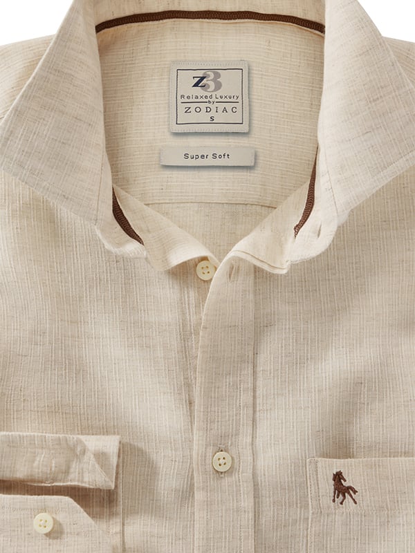 Musetti Slub Beige Solid Full Sleeve Tailored Fit Casual Blended Shirt