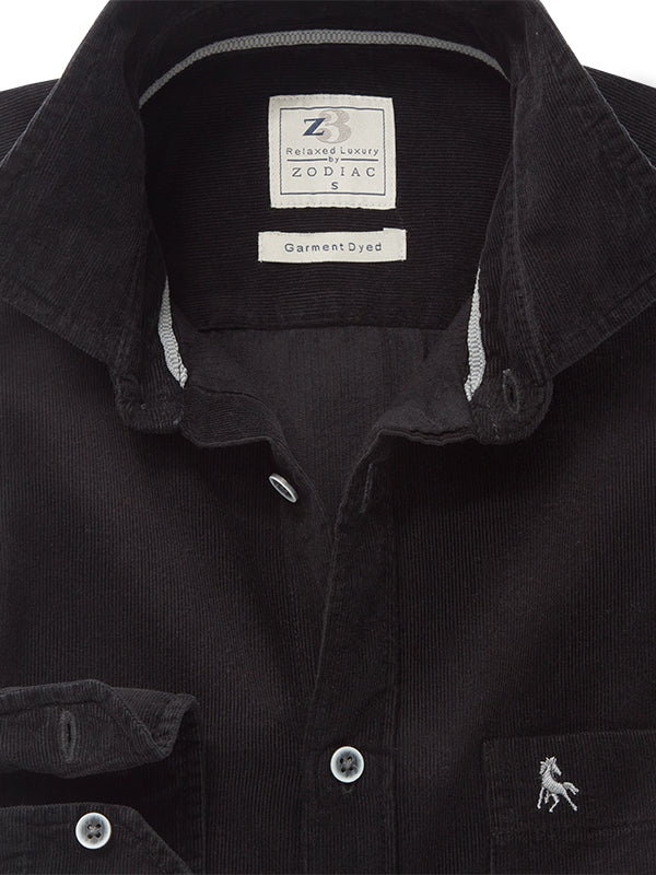 Zermatt Corduroy Garment Dyed Black Full Sleeve Tailored Fit Casual Cotton Shirt