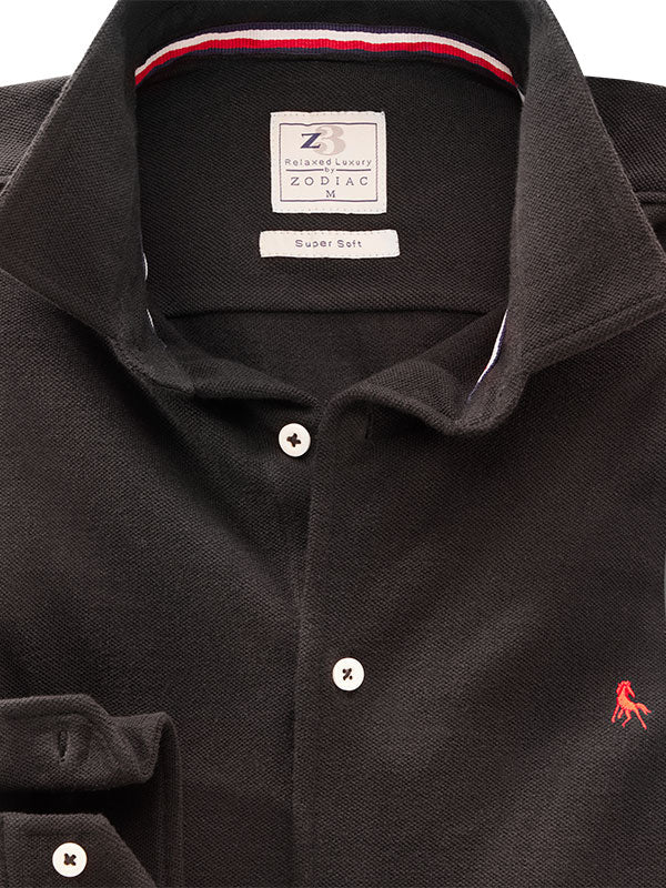 Ralph Knitted Black Solid Full Sleeve Tailored Fit Casual Cotton Shirt