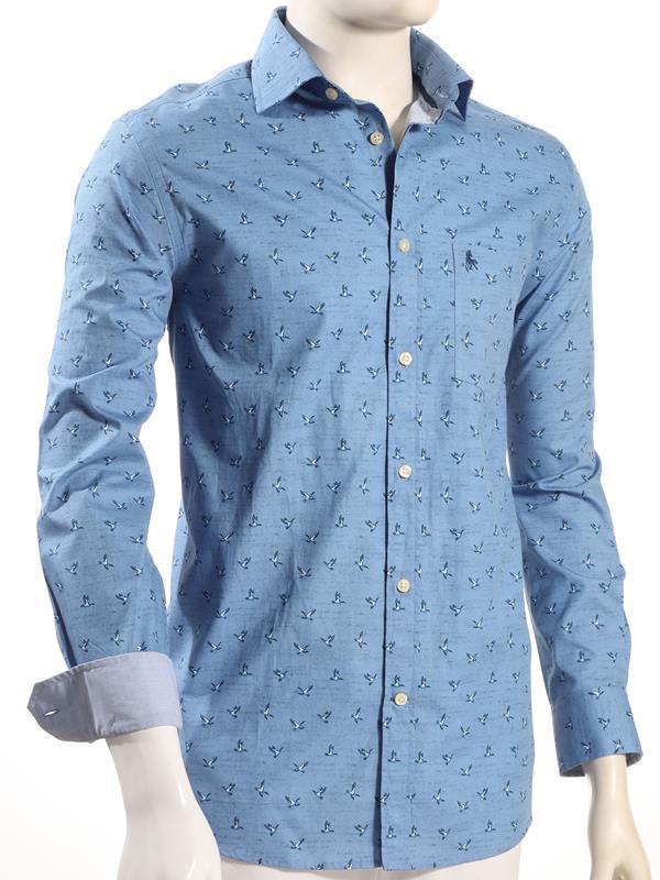 Flock Blue Printed Full sleeve single cuff   Cotton Shirt