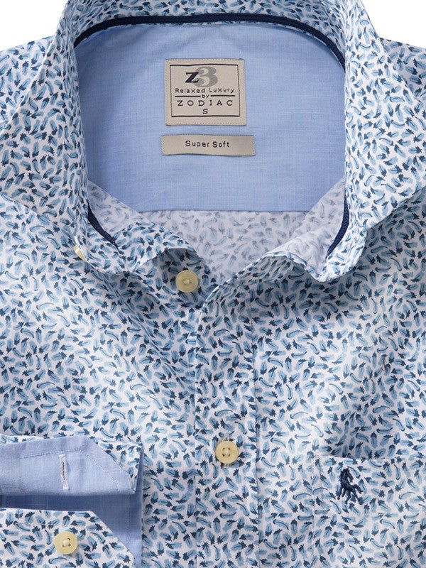 Lisbon Blue Printed Full Sleeve Tailored Fit Casual Cotton Shirt