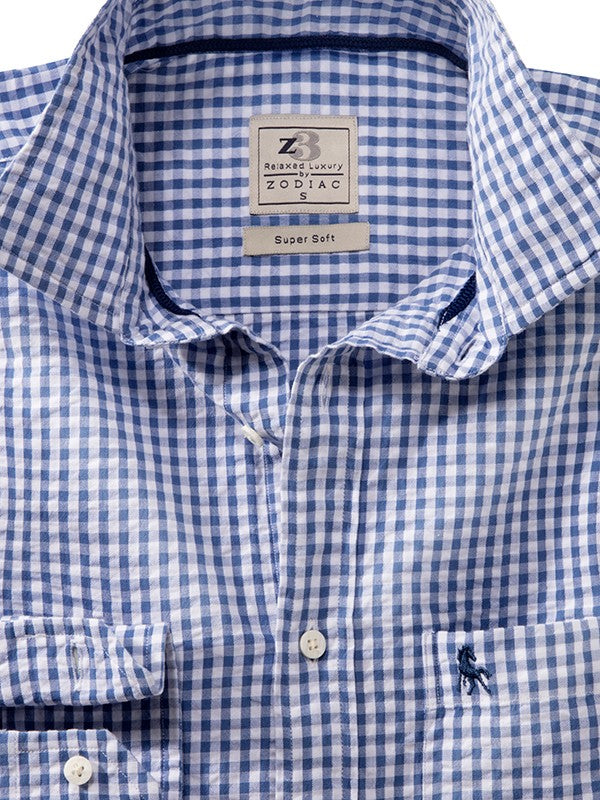 Denver Seersucker Blue Check Full Sleeve Tailored Fit Casual Cotton Shirt