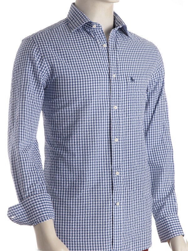 Denver Seersucker Blue Check Full Sleeve Tailored Fit Casual Cotton Shirt