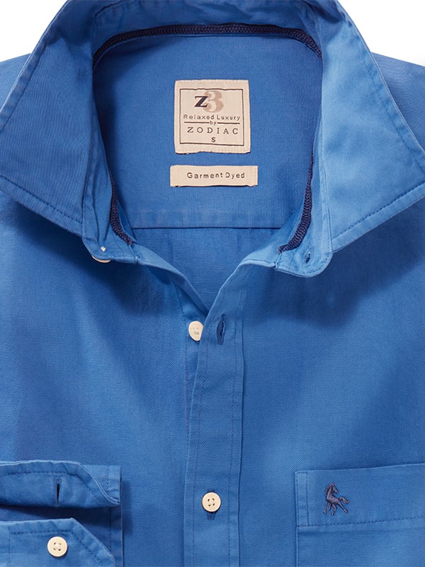 Gavi Twill Garment Dyed Blue Solid Full Sleeve Tailored Fit Casual Cotton Shirt