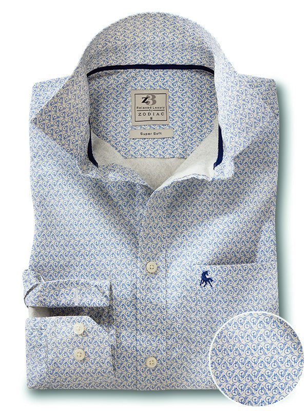 Beckham Blue Printed Full Sleeve Tailored Fit Casual Cotton Shirt