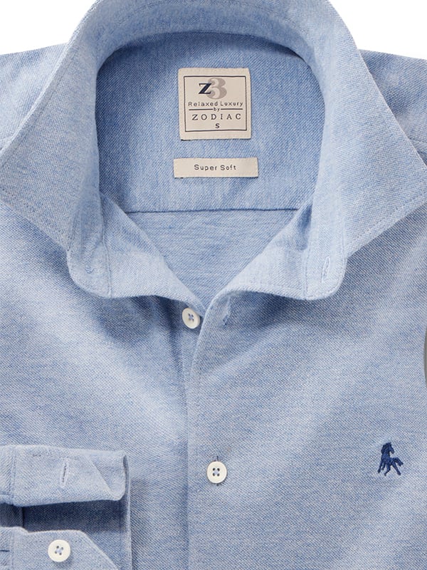 Aigio Melange Knitted Blue Solid Full Sleeve Tailored Fit Casual Cotton Shirt