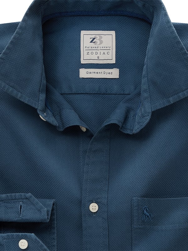 Starka Dobby Garment Dyed Blue Full Sleeve Tailored Fit Casual Cotton Shirt