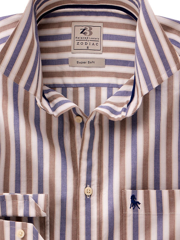 Cole Oxford Brown Striped Full Sleeve Tailored Fit Casual Cotton Shirt