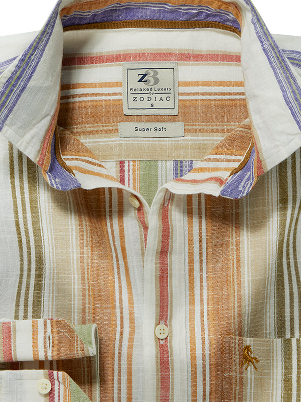 Athens Slub Brown Striped Full Sleeve Tailored Fit Casual Cotton Shirt