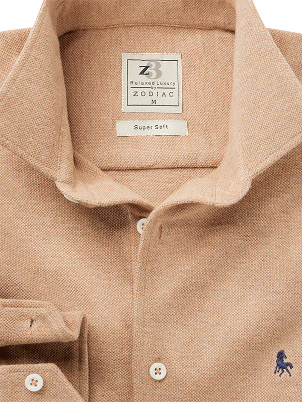 Aigio Melange Knitted Brown Solid Full Sleeve Tailored Fit Casual Cotton Shirt