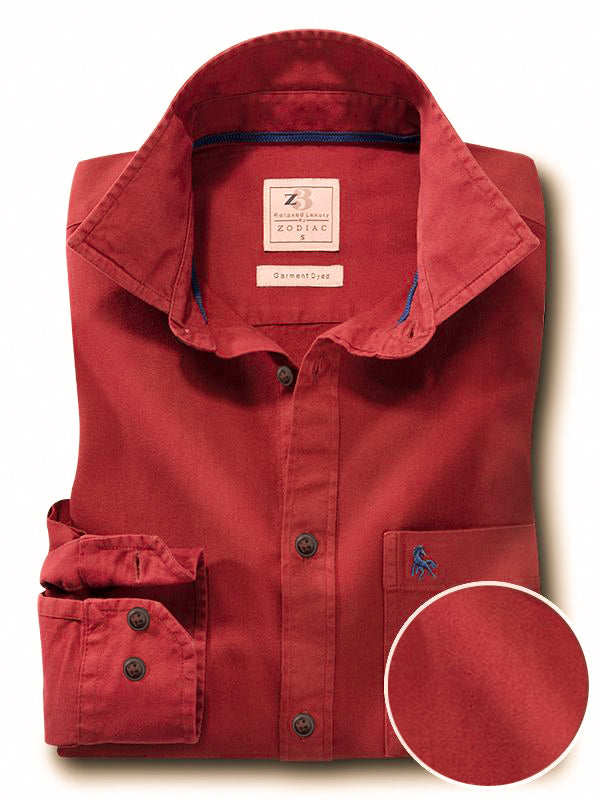 Neymar Twill Garment Dyed Burgundy Solid Full Sleeve Tailored Fit Casual Cotton Shirt