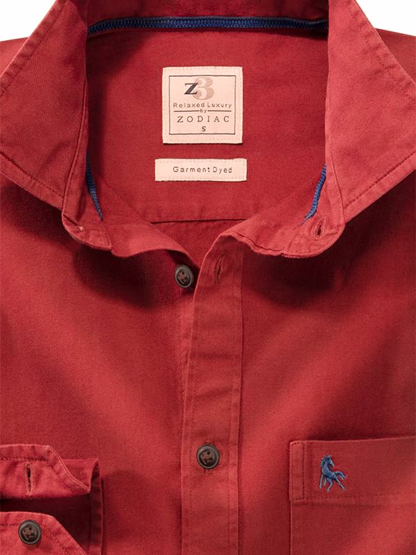Neymar Twill Garment Dyed Burgundy Solid Full Sleeve Tailored Fit Casual Cotton Shirt