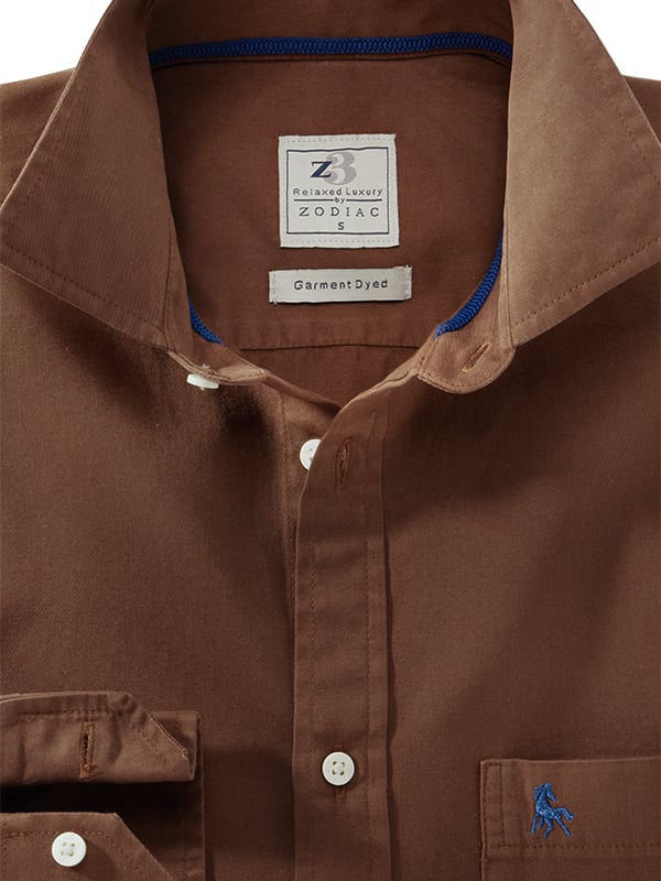 Draper Twill Garment Dyed Chocolate Solid Full Sleeve Tailored Fit Casual Cotton Shirt