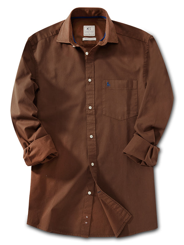 Draper Twill Garment Dyed Chocolate Solid Full Sleeve Tailored Fit Casual Cotton Shirt
