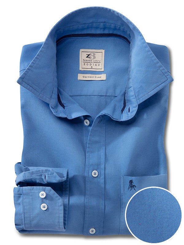 Murren Oxford Garment Dyed Cobalt Solid Full Sleeve Tailored Fit Casual Cotton Shirt