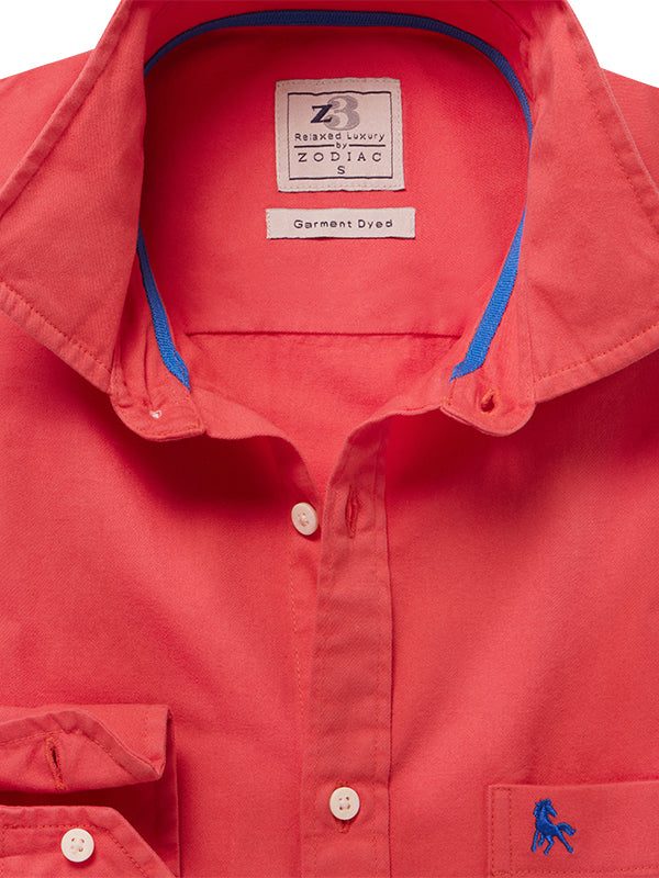 Harry Oxford Garment Dyed Coral Solid Full Sleeve Tailored Fit Casual Cotton Shirt