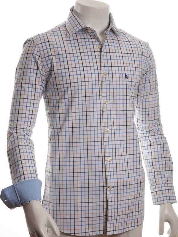 Bavaro Cream Check Full sleeve single cuff   Cotton Shirt