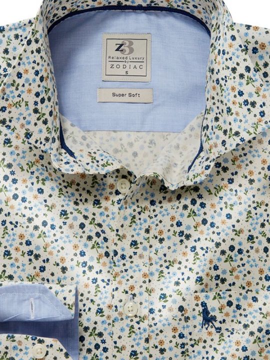 Pedri Ecru Printed Full Sleeve Tailored Fit Casual Cotton Shirt