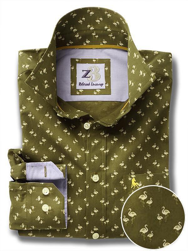 Flamingo Green Printed Full sleeve single cuff   Cotton Shirt