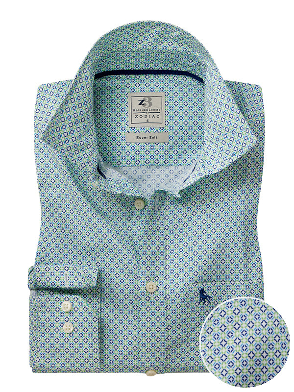 Volos Slub Green Printed Full Sleeve Tailored Fit Casual Cotton Shirt