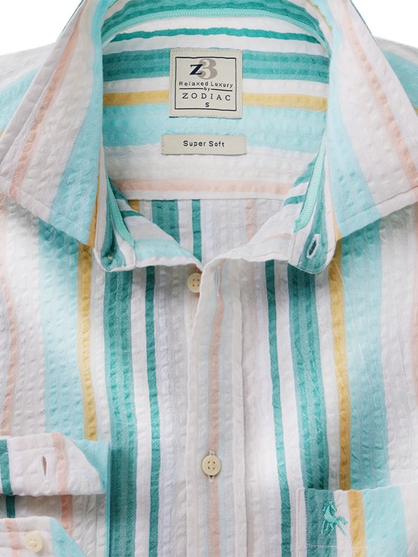 Majorca Seersucker Green Striped Full Sleeve Tailored Fit Casual Cotton Shirt
